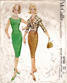 1960's McCall's Sheath Dress with Boat Neckline and Fitted Waist and Cropped Bolero Jacket with Large Collar - Bust 30.5" - No. 5734