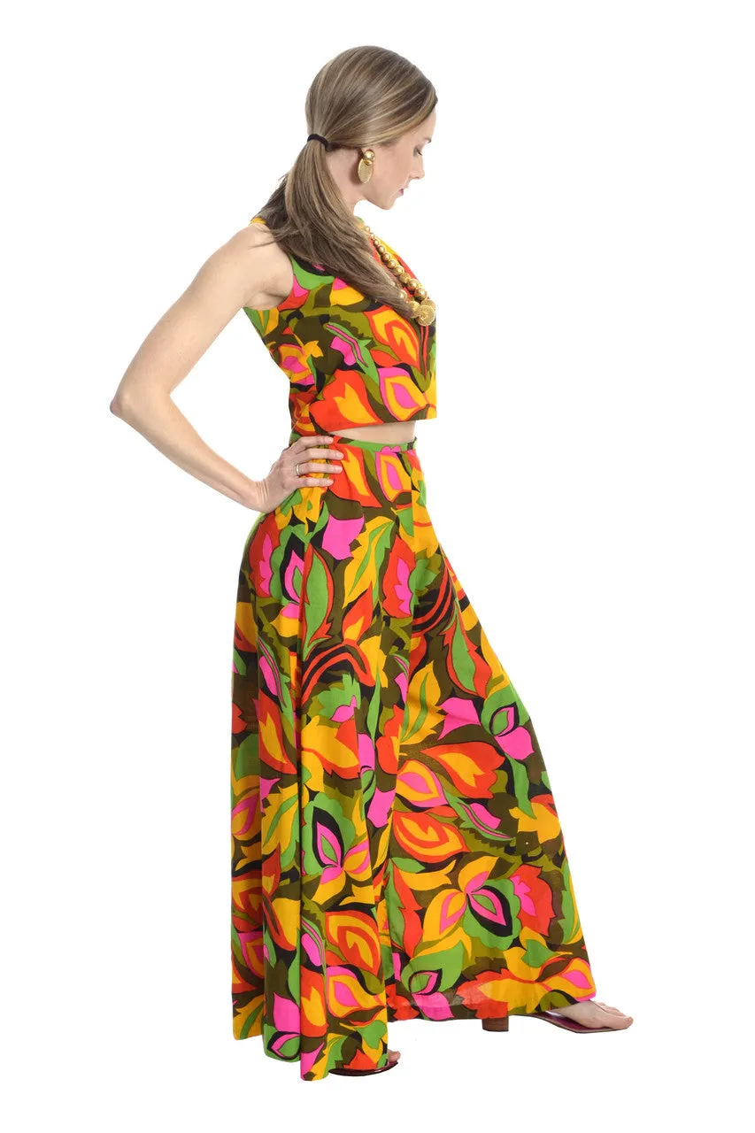 1960's Vintage Palazzo Pants and Crop Top with Tropical Floral Print