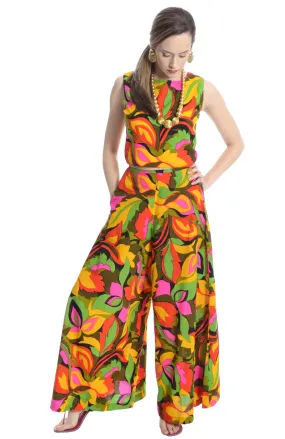 1960's Vintage Palazzo Pants and Crop Top with Tropical Floral Print