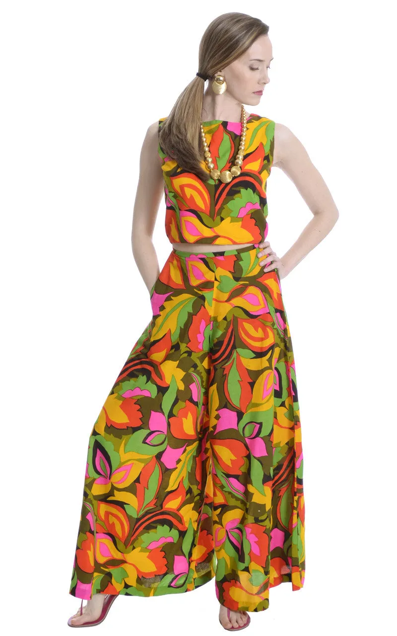 1960's Vintage Palazzo Pants and Crop Top with Tropical Floral Print