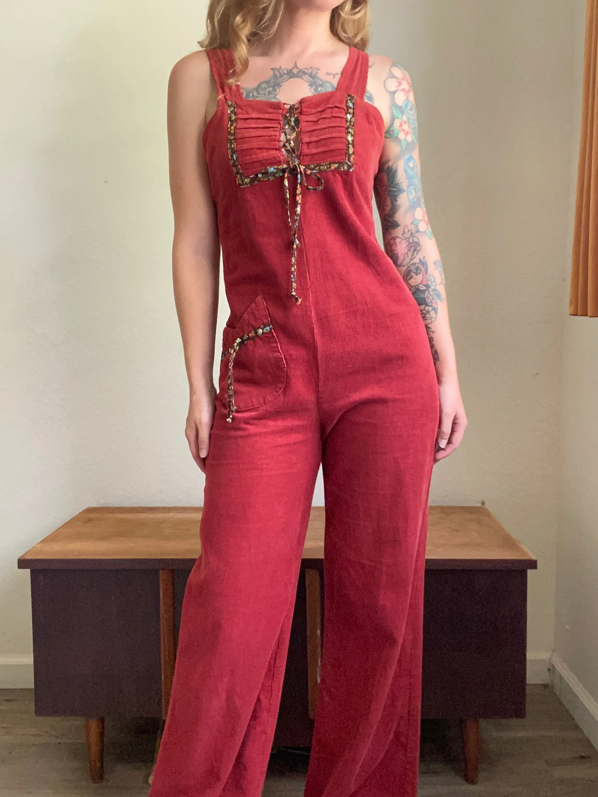 1970s Burgundy Corduroy Jumpsuit