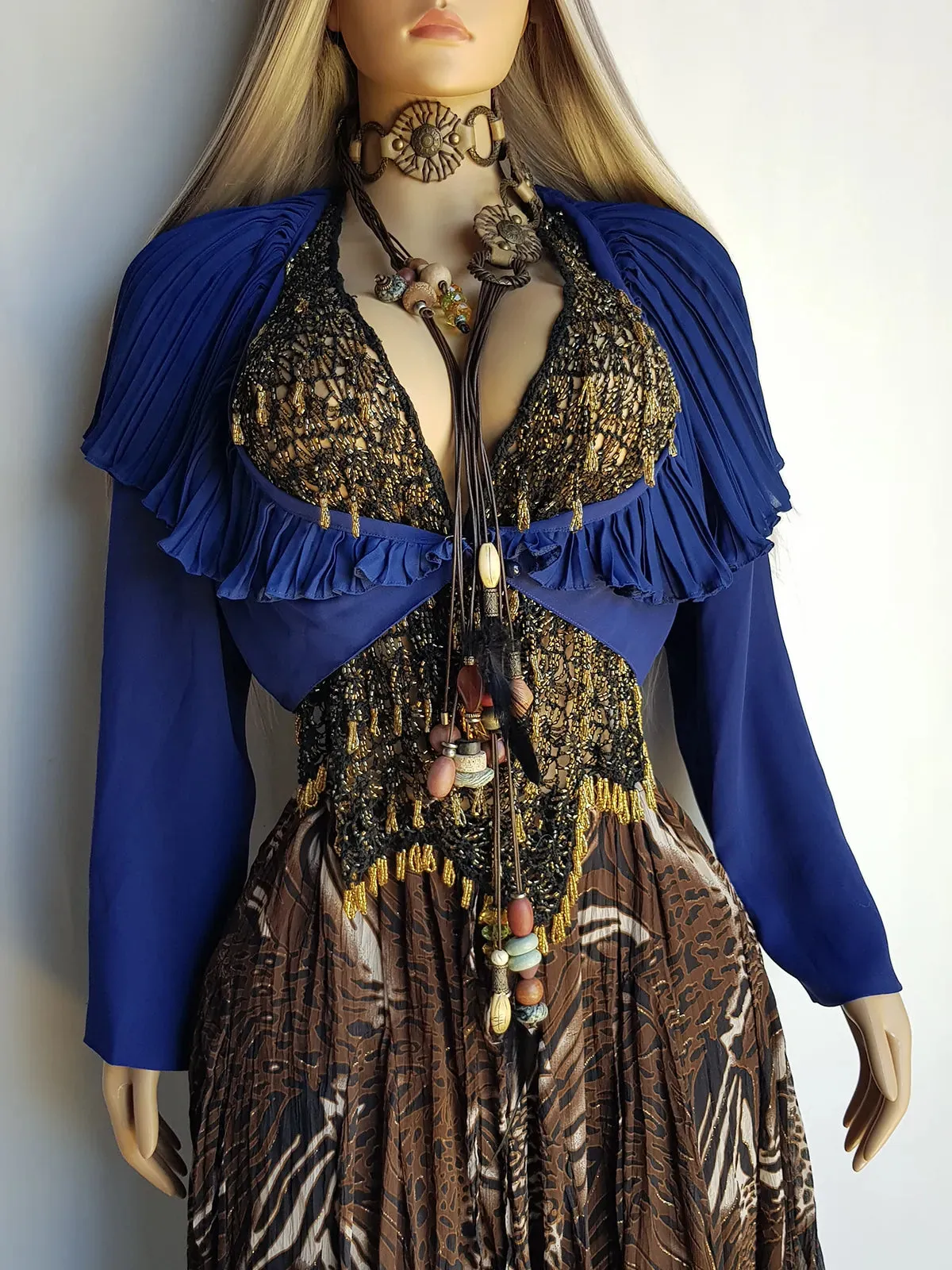 1970s Wild Pleated Collar Cropped Cape / Jacket - Oversized Gorgeous Flouncy Collar - Rich Blue Tone - Button Closure at Front