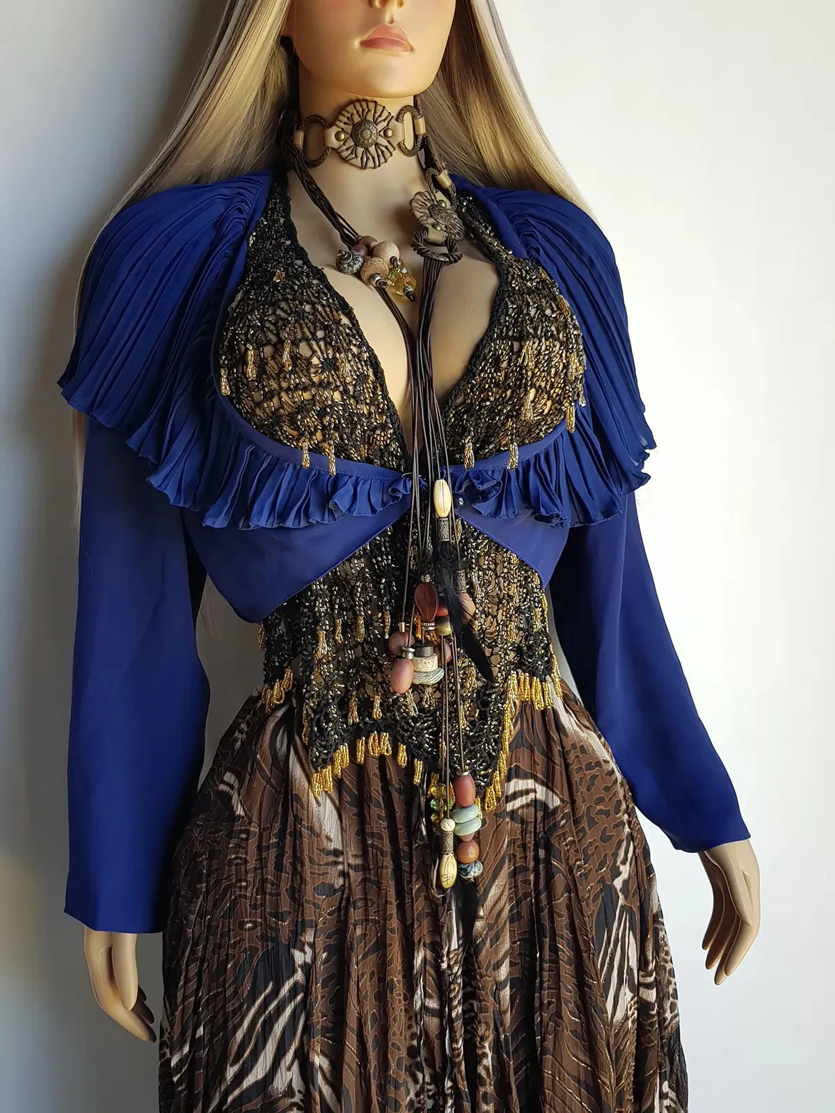 1970s Wild Pleated Collar Cropped Cape / Jacket - Oversized Gorgeous Flouncy Collar - Rich Blue Tone - Button Closure at Front