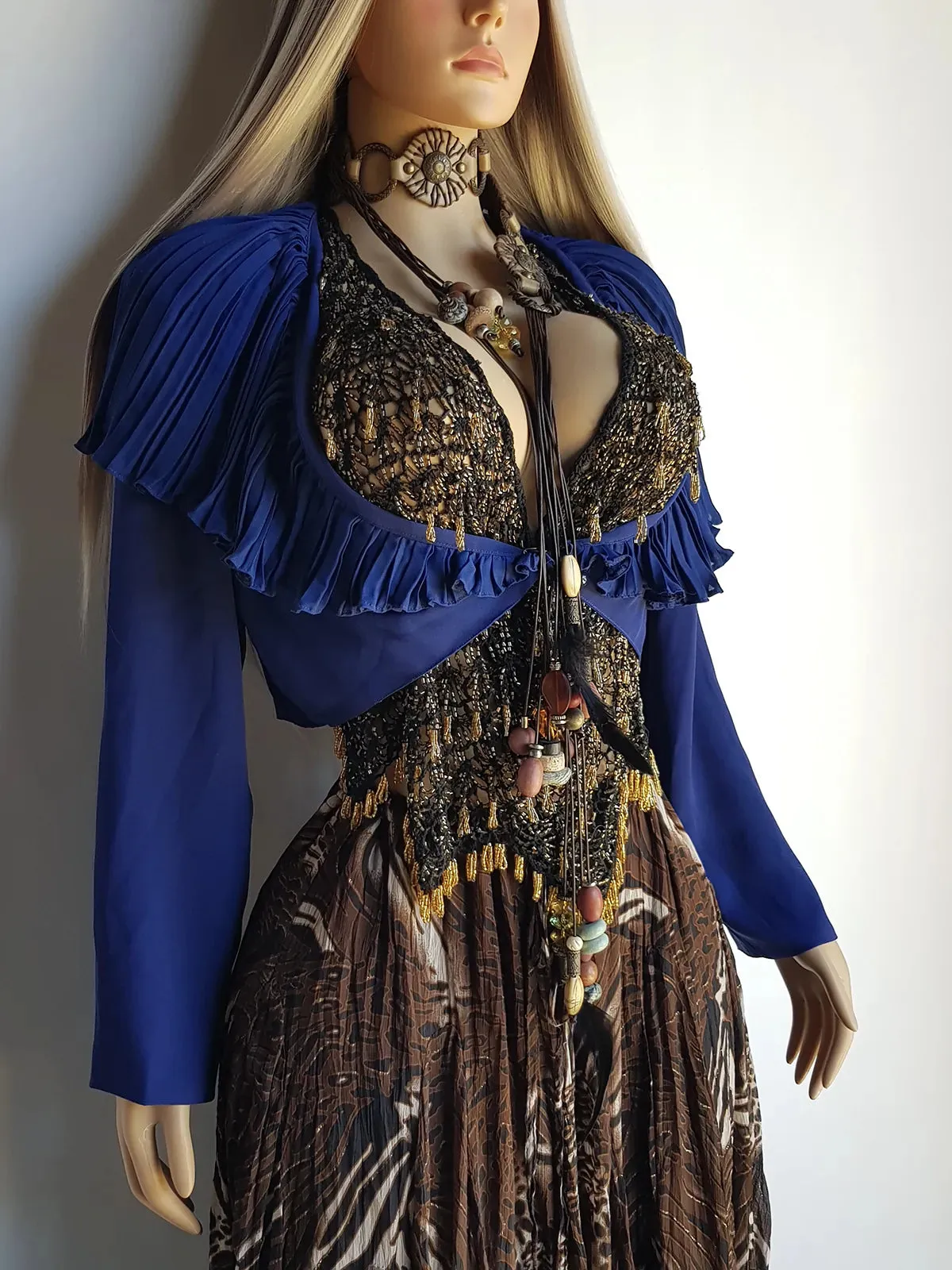 1970s Wild Pleated Collar Cropped Cape / Jacket - Oversized Gorgeous Flouncy Collar - Rich Blue Tone - Button Closure at Front