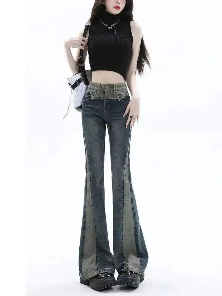 Amozae-New Gothic High Waist Straight Stitching Women Jeans American Fashion Brand Y2k Slim Micro Flare Pants