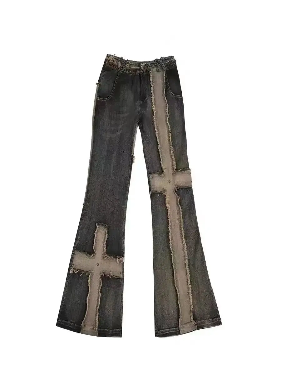 Amozae-New Gothic High Waist Straight Stitching Women Jeans American Fashion Brand Y2k Slim Micro Flare Pants