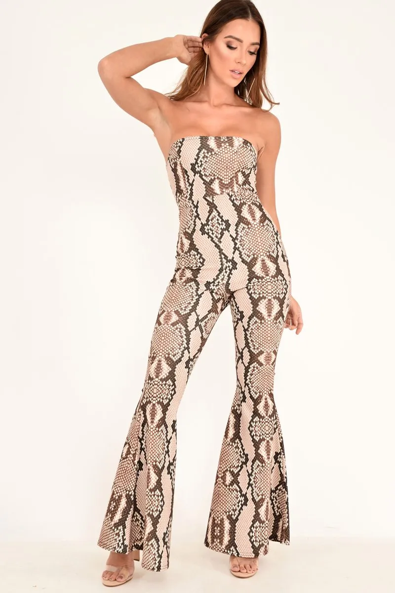 Beige Snake Print Flare Bandeau Jumpsuit - Letizia