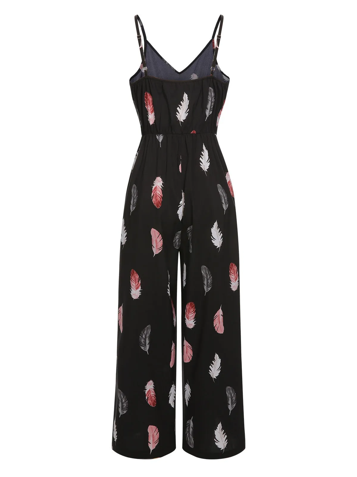 Black 1930s Feather Print Spaghetti Strap Jumpsuit