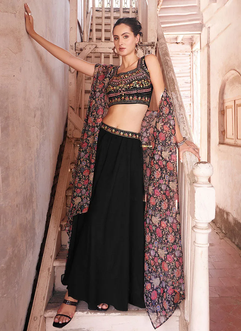 Black Multi Embroidered Cape Style Co-Ord Sharara Set