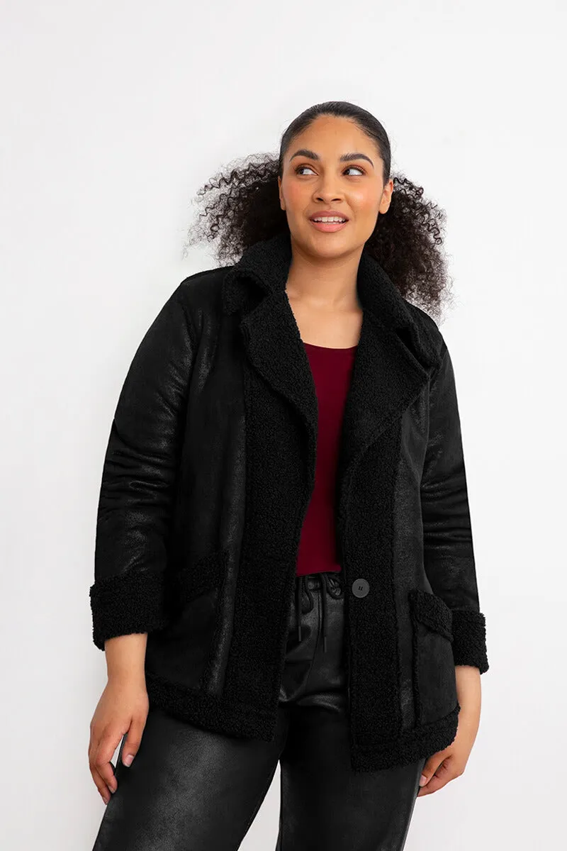 Boucle Shearling Faux Leather Moto Jacket | Black