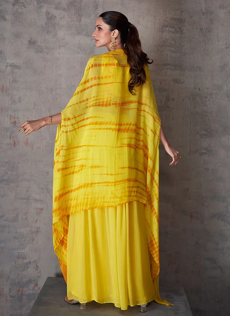 Bright Yellow Foil Mirror Embroidery Cape Style Palazzo Set