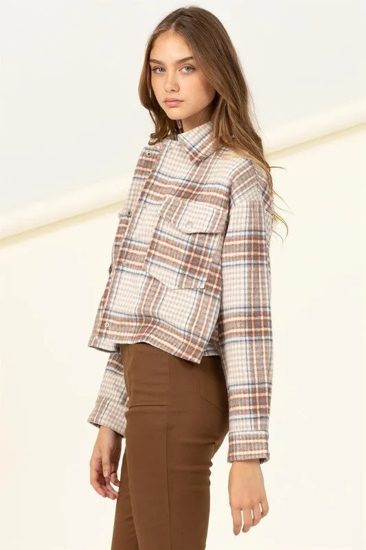 Brown Plaid Print Button-front Jacket