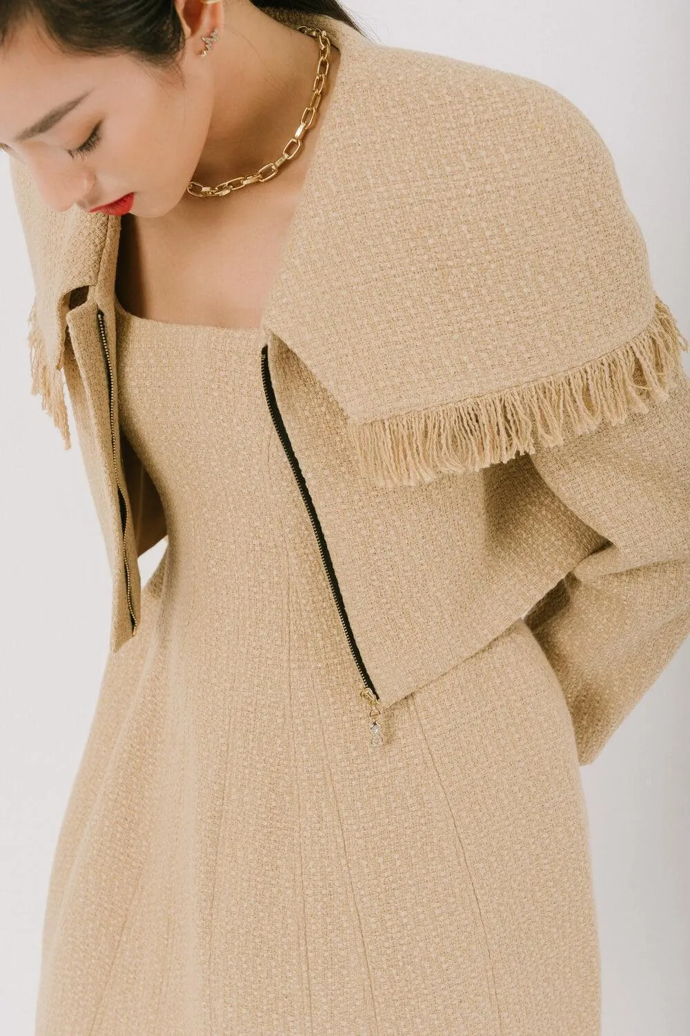 Camilla Cropped Cape Shoulder Tweed Jacket