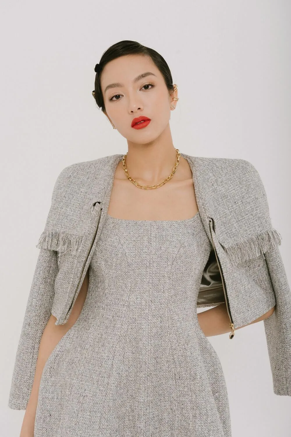 Camilla Cropped Cape Shoulder Tweed Jacket