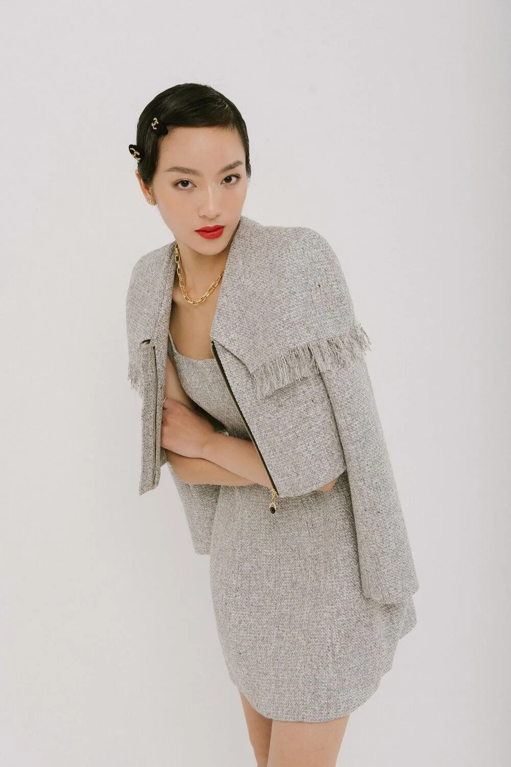 Camilla Cropped Cape Shoulder Tweed Jacket