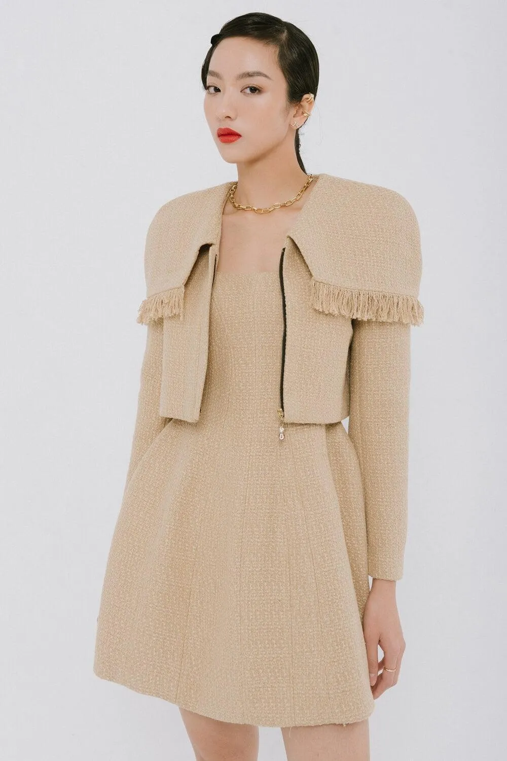 Camilla Cropped Cape Shoulder Tweed Jacket