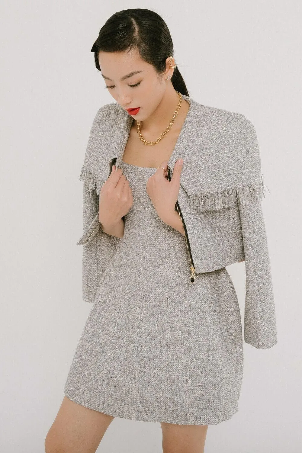 Camilla Cropped Cape Shoulder Tweed Jacket