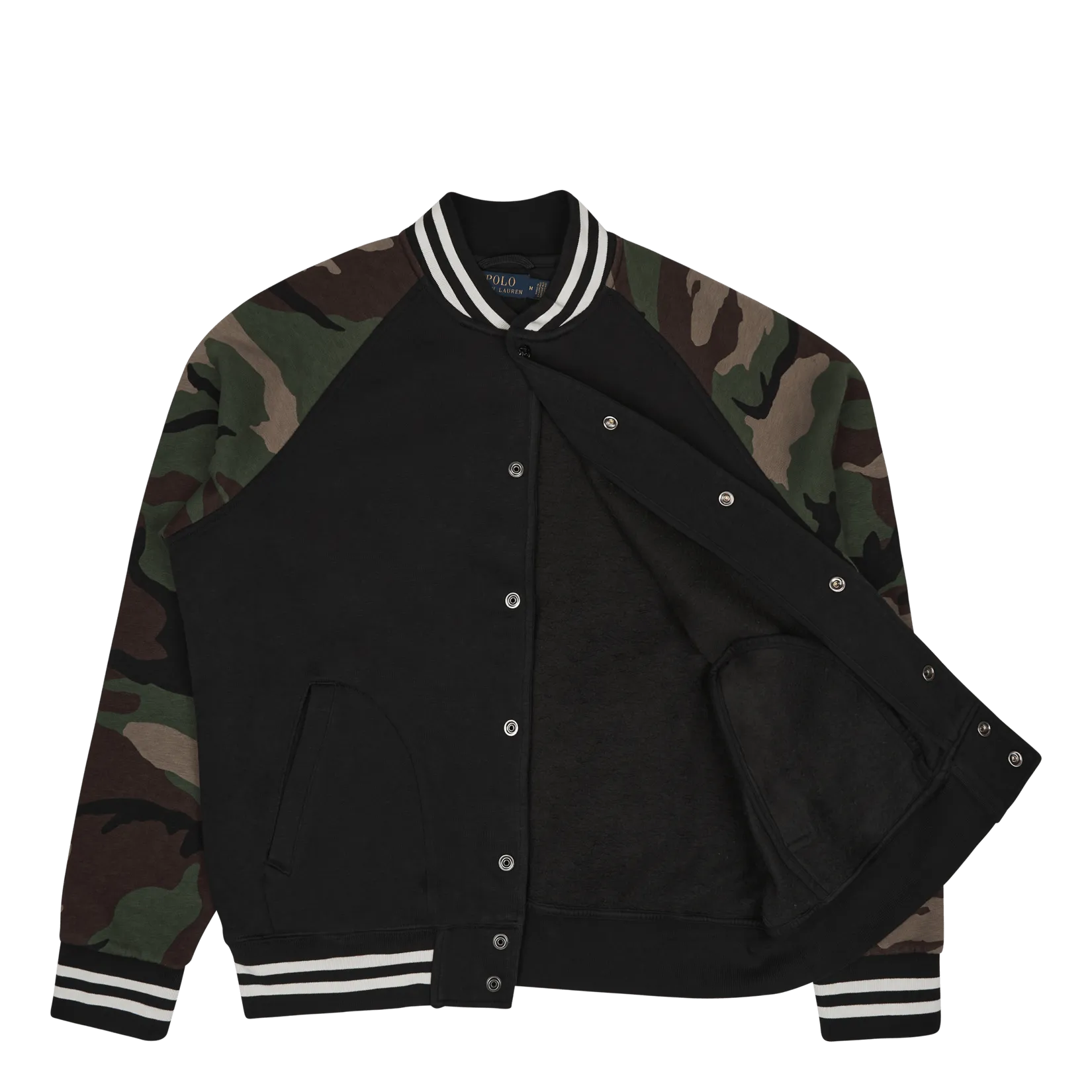 Camo-Sleeve Fleece Baseball Jacket Polo Black Multi