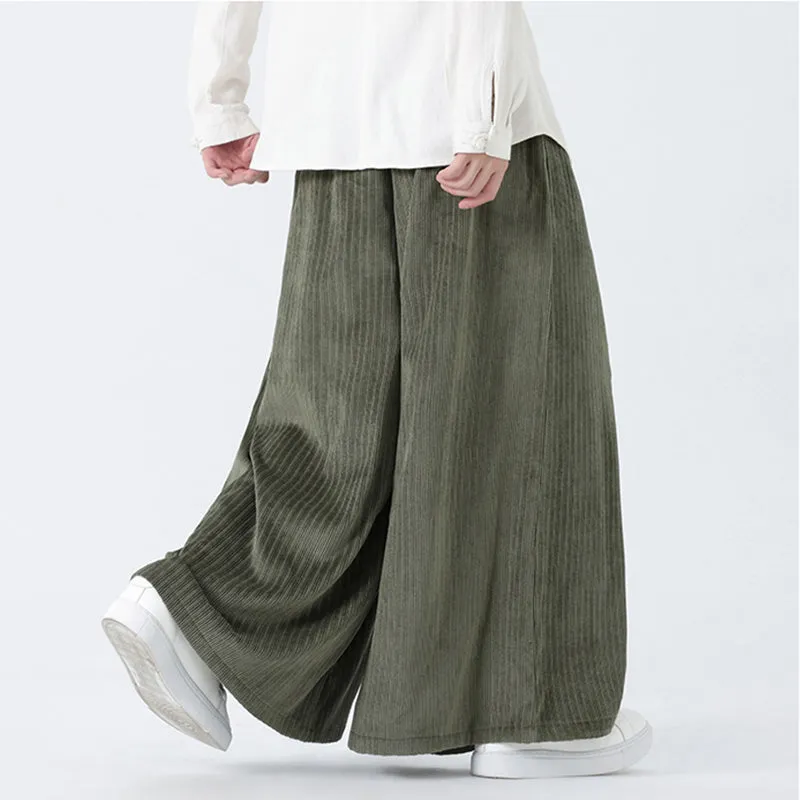 Corduroy Wide-leg Embroidered Culottes Straight Pants