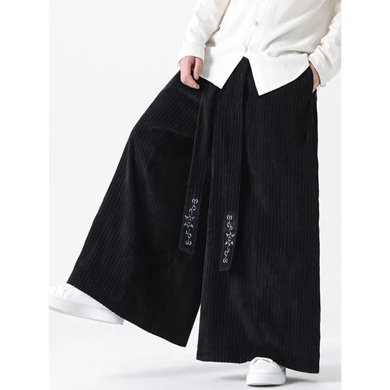 Corduroy Wide-leg Embroidered Culottes Straight Pants