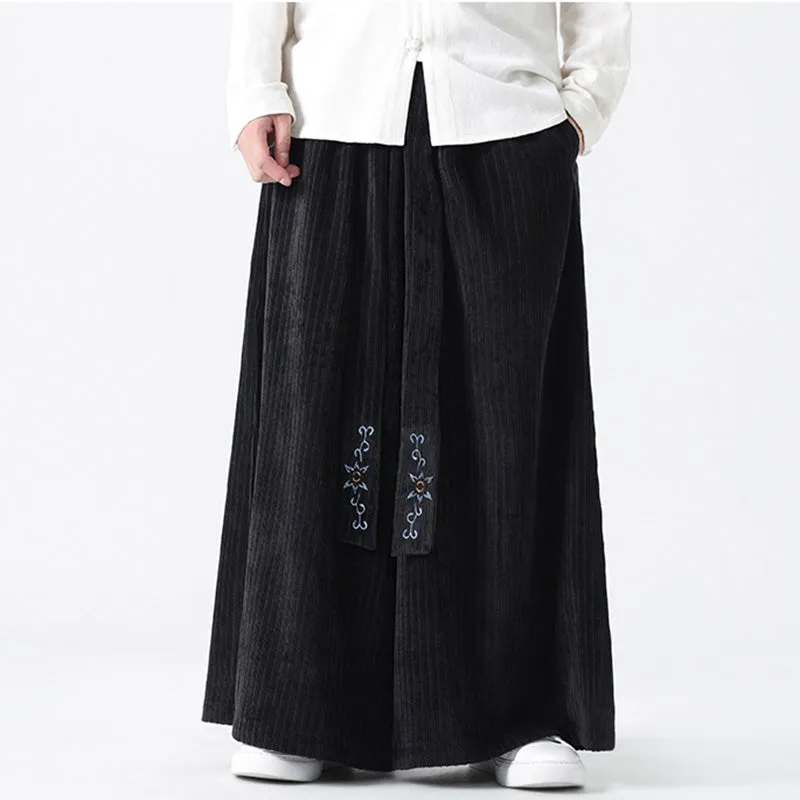 Corduroy Wide-leg Embroidered Culottes Straight Pants