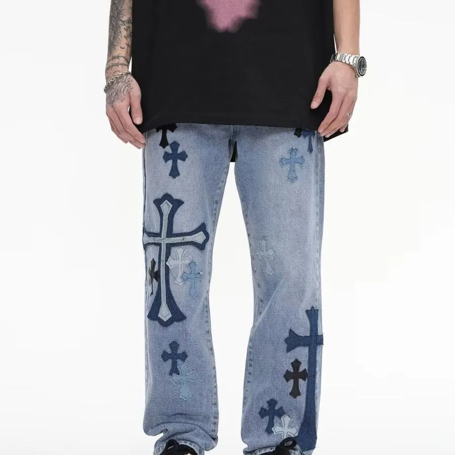 cross embroidered jeans