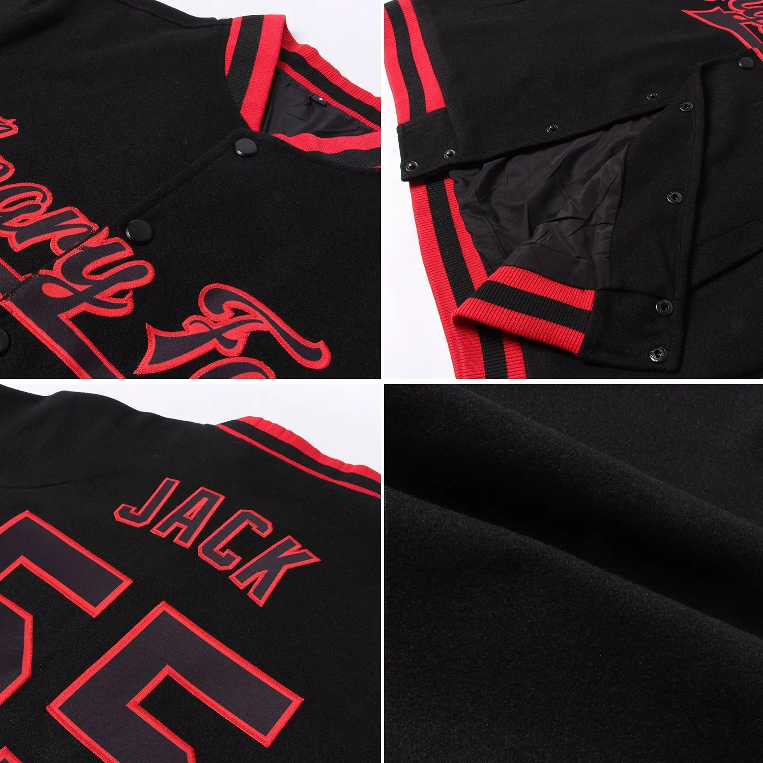 Custom Black Red Halftone 3D Pattern Design Bomber Full-Snap Varsity Letterman Jacket