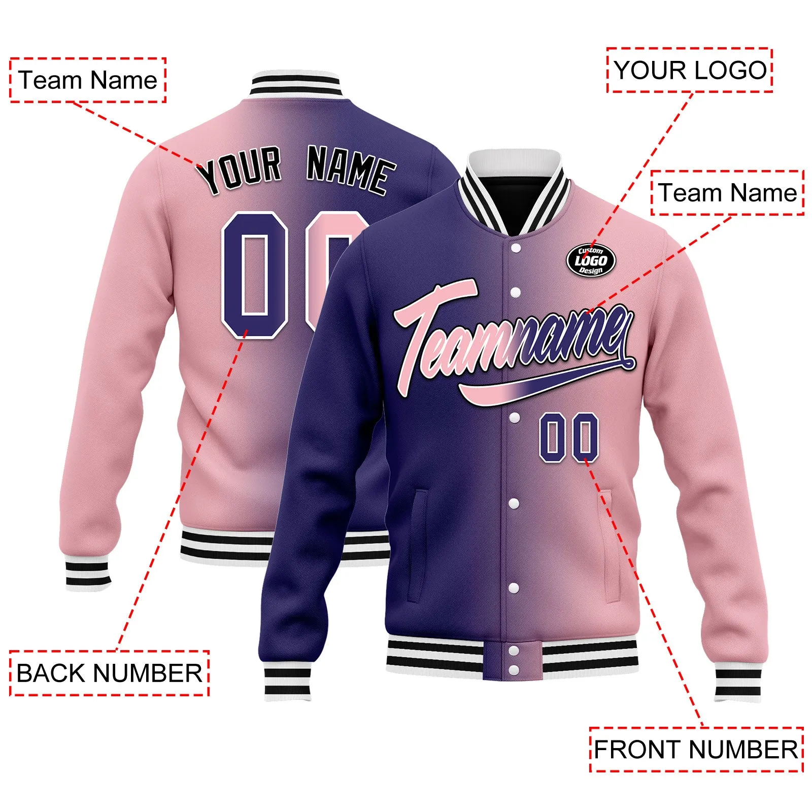 Custom Gradient Fashion Jacket Bomber Full-Snap Varsity Letterman Personalized Jacket FZ005-D028015-20