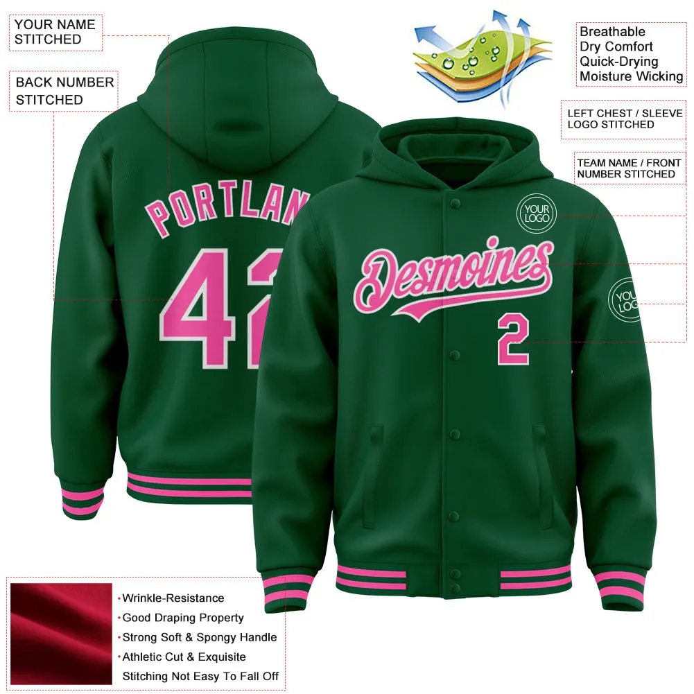 Custom Kelly Green Pink-White Bomber Full-Snap Varsity Letterman Hoodie Jacket