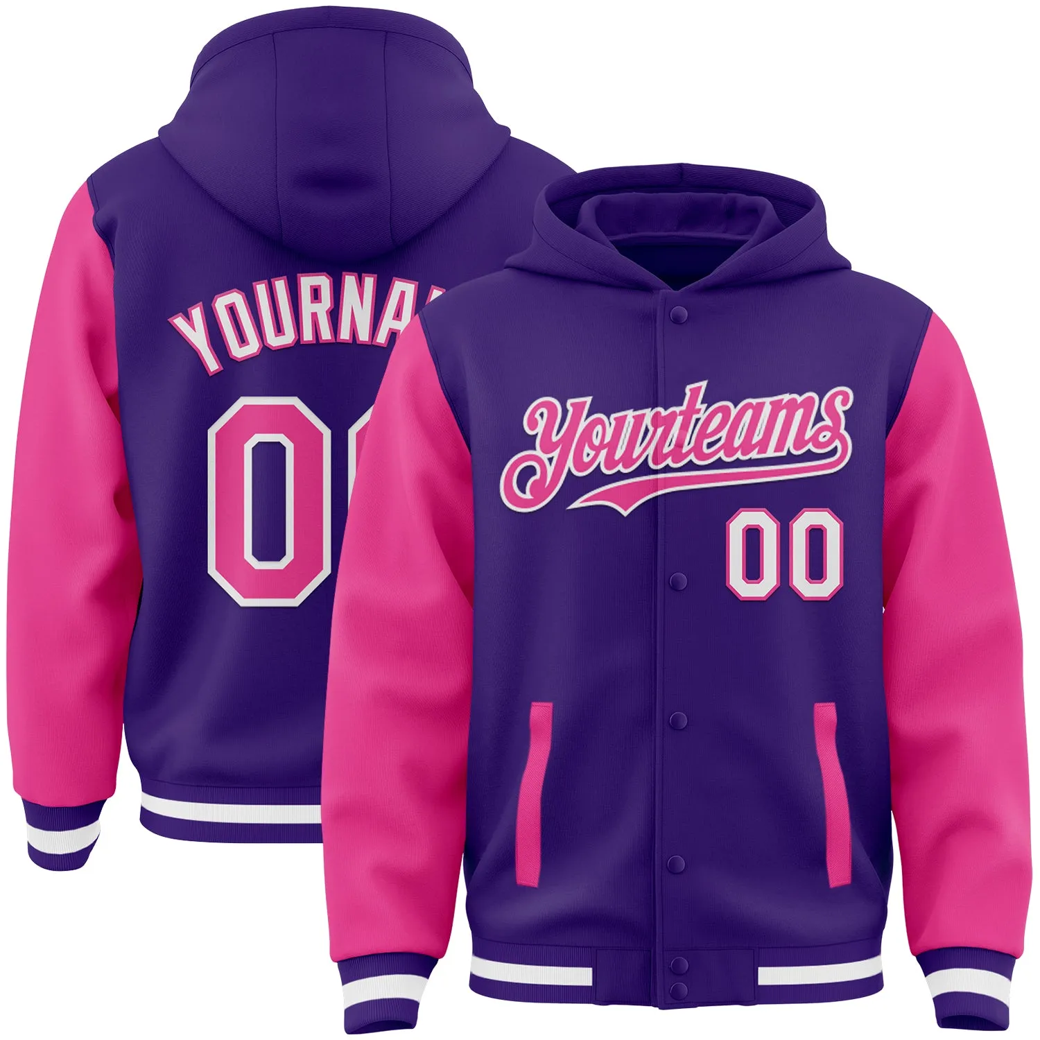 Custom Purple Pink-White Bomber Full-Snap Varsity Letterman Two Tone Hoodie Jacket