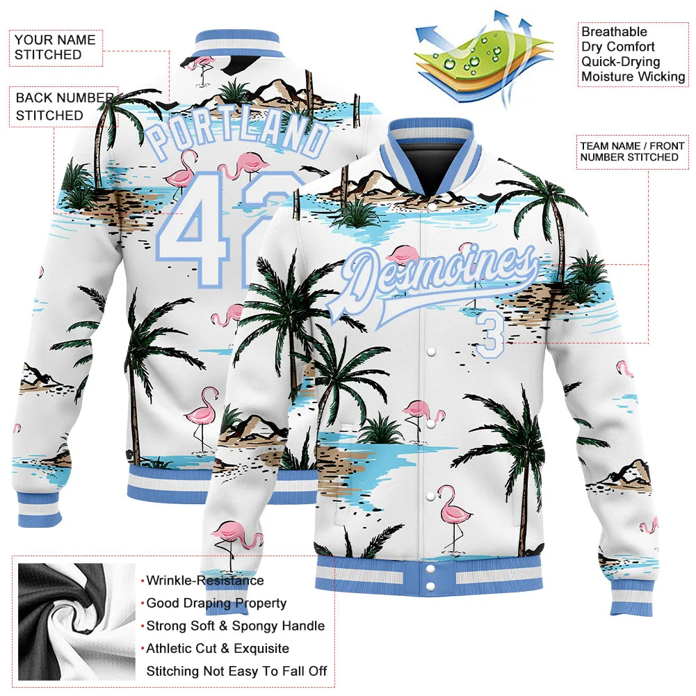 Custom White White-Light Blue Hawaii Palm Trees And Flamingo 3D Bomber Full-Snap Varsity Letterman Jacket