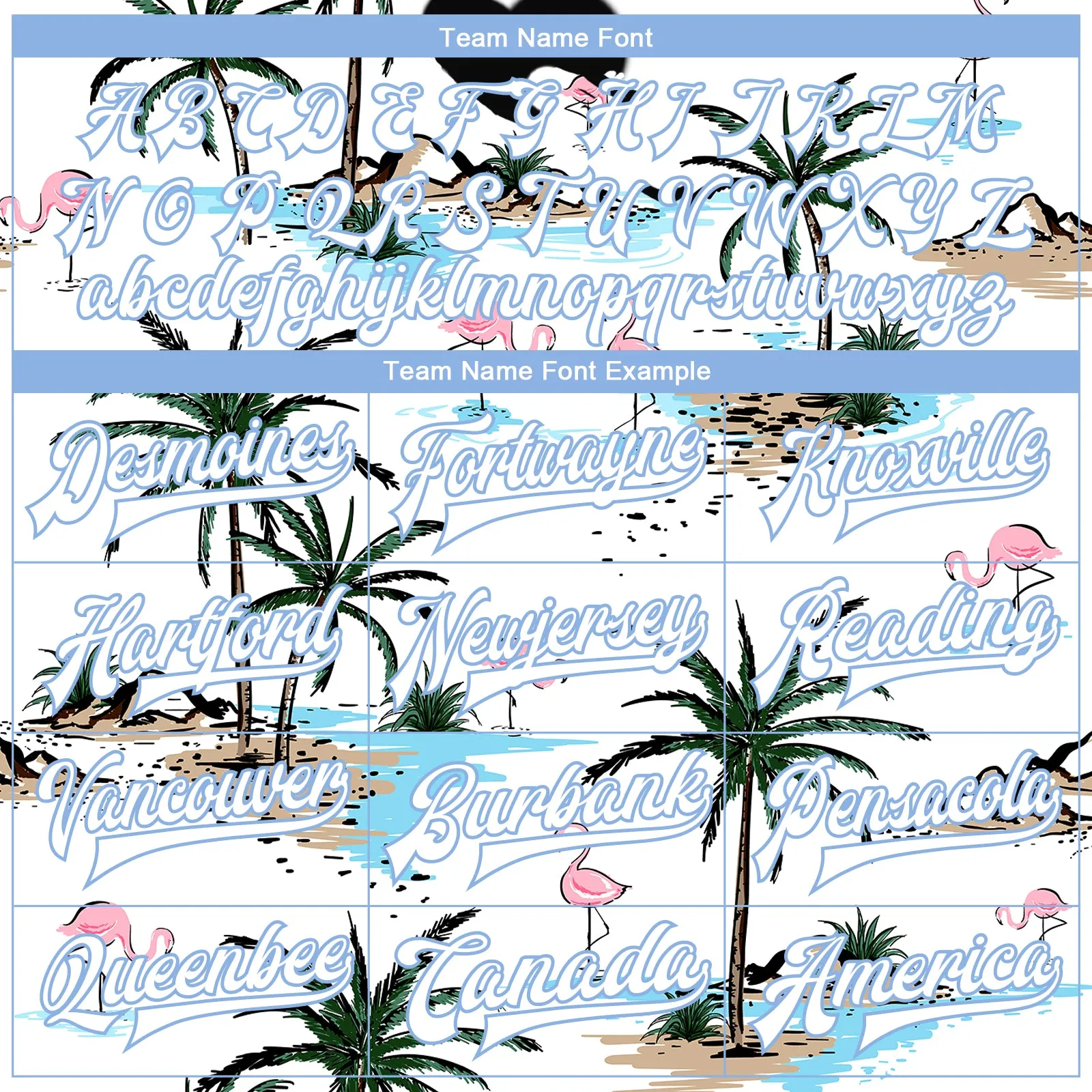 Custom White White-Light Blue Hawaii Palm Trees And Flamingo 3D Bomber Full-Snap Varsity Letterman Jacket