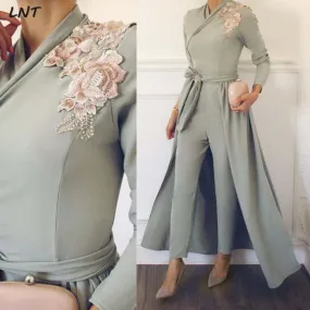 detachable skirt prom dresses 2020 jumpsuit for women gray lace appliqué elegant Dubai arabic pant suit