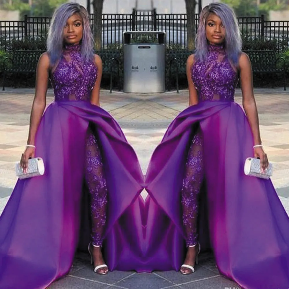 detachable skirt prom dresses 2020 purple jumpsuit for women lace appliqué beaded sparkly pant suit for weddings