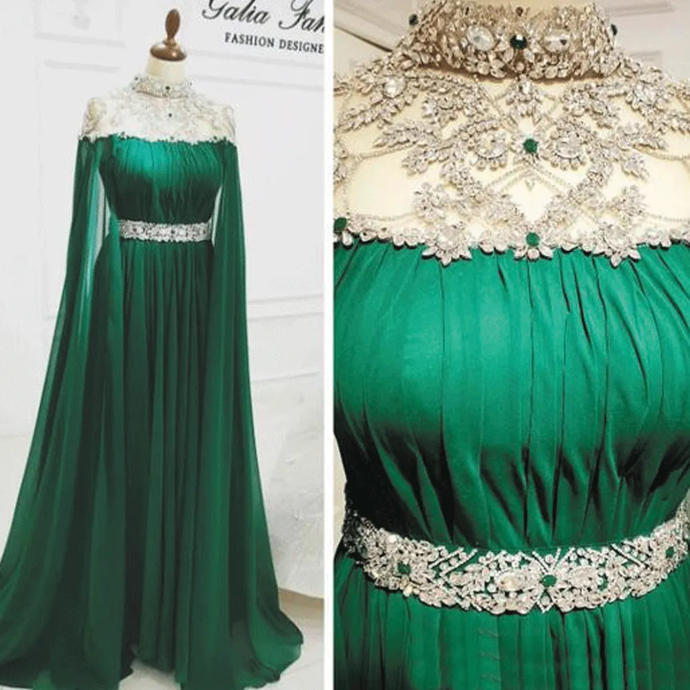 Dubai cape hunter green prom dresses long chiffon crystals high neck beaded muslim prom gown