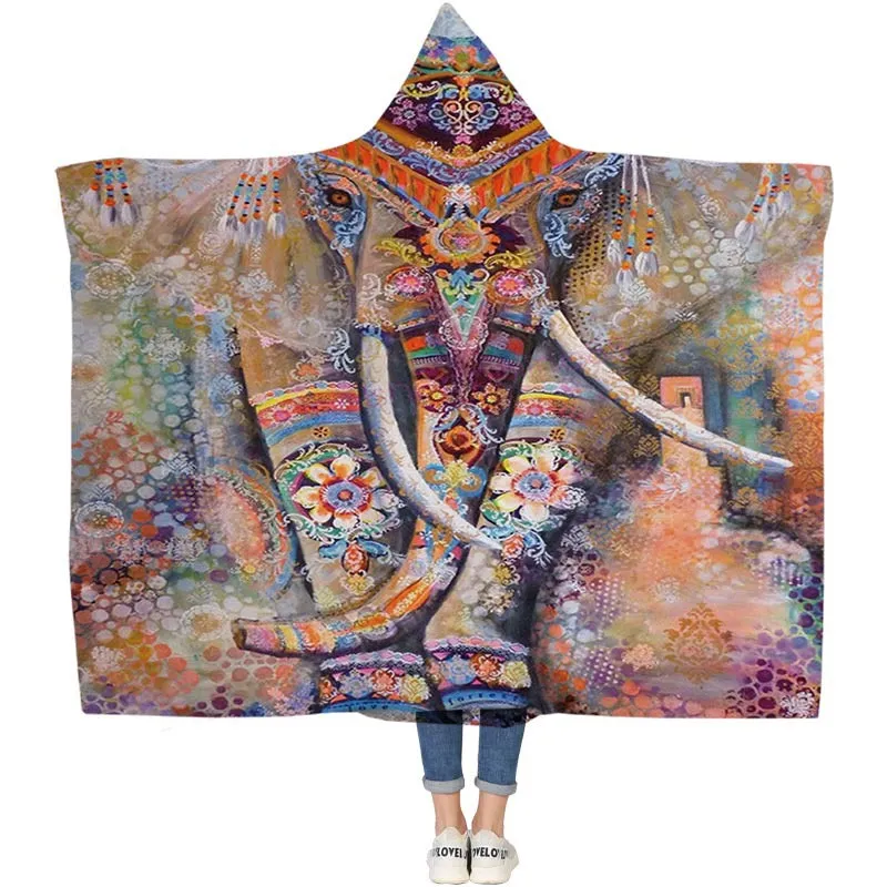 Elephant Series Ins Winter Hoodie Cape Blanket Cloak Plus Thick Double-layered Plush Digital Print Lazy Blanket