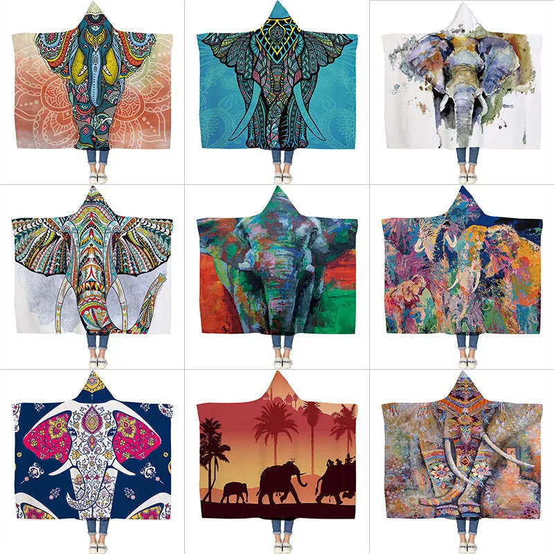 Elephant Series Ins Winter Hoodie Cape Blanket Cloak Plus Thick Double-layered Plush Digital Print Lazy Blanket