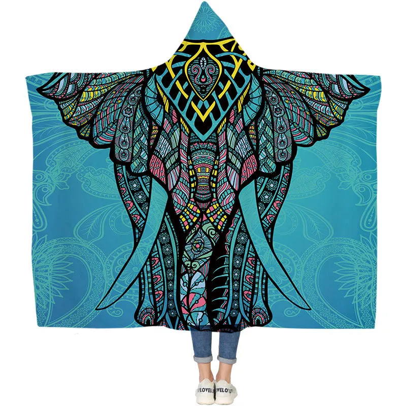 Elephant Series Ins Winter Hoodie Cape Blanket Cloak Plus Thick Double-layered Plush Digital Print Lazy Blanket