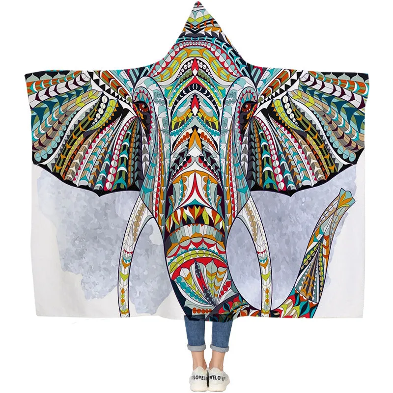 Elephant Series Ins Winter Hoodie Cape Blanket Cloak Plus Thick Double-layered Plush Digital Print Lazy Blanket