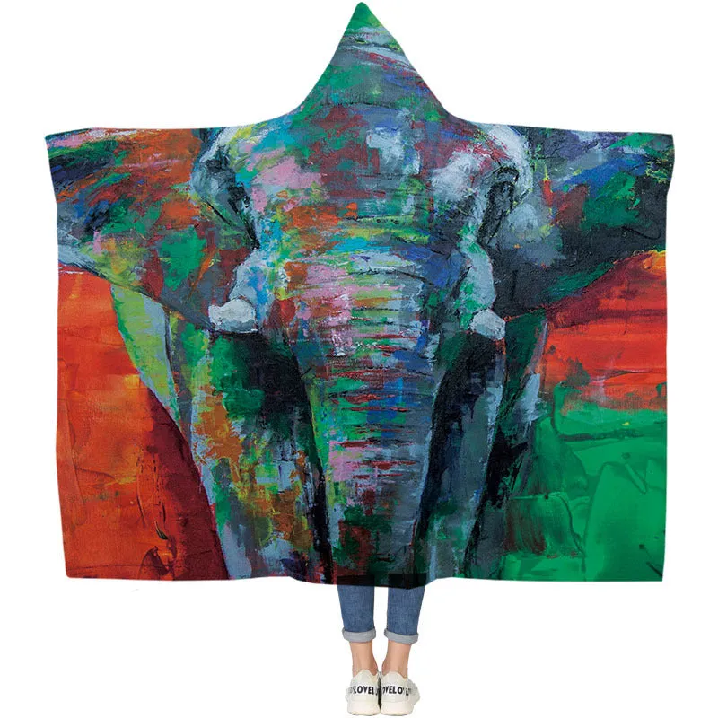 Elephant Series Ins Winter Hoodie Cape Blanket Cloak Plus Thick Double-layered Plush Digital Print Lazy Blanket