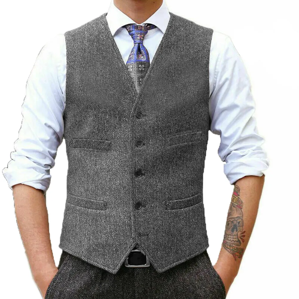 Fashion Men's Suit Vest Herringbone V Neck Waistcoat