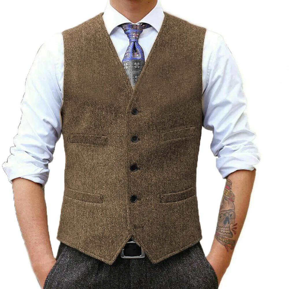 Fashion Men's Suit Vest Herringbone V Neck Waistcoat