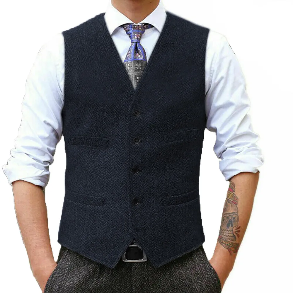 Fashion Men's Suit Vest Herringbone V Neck Waistcoat