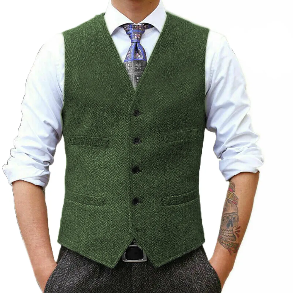 Fashion Men's Suit Vest Herringbone V Neck Waistcoat