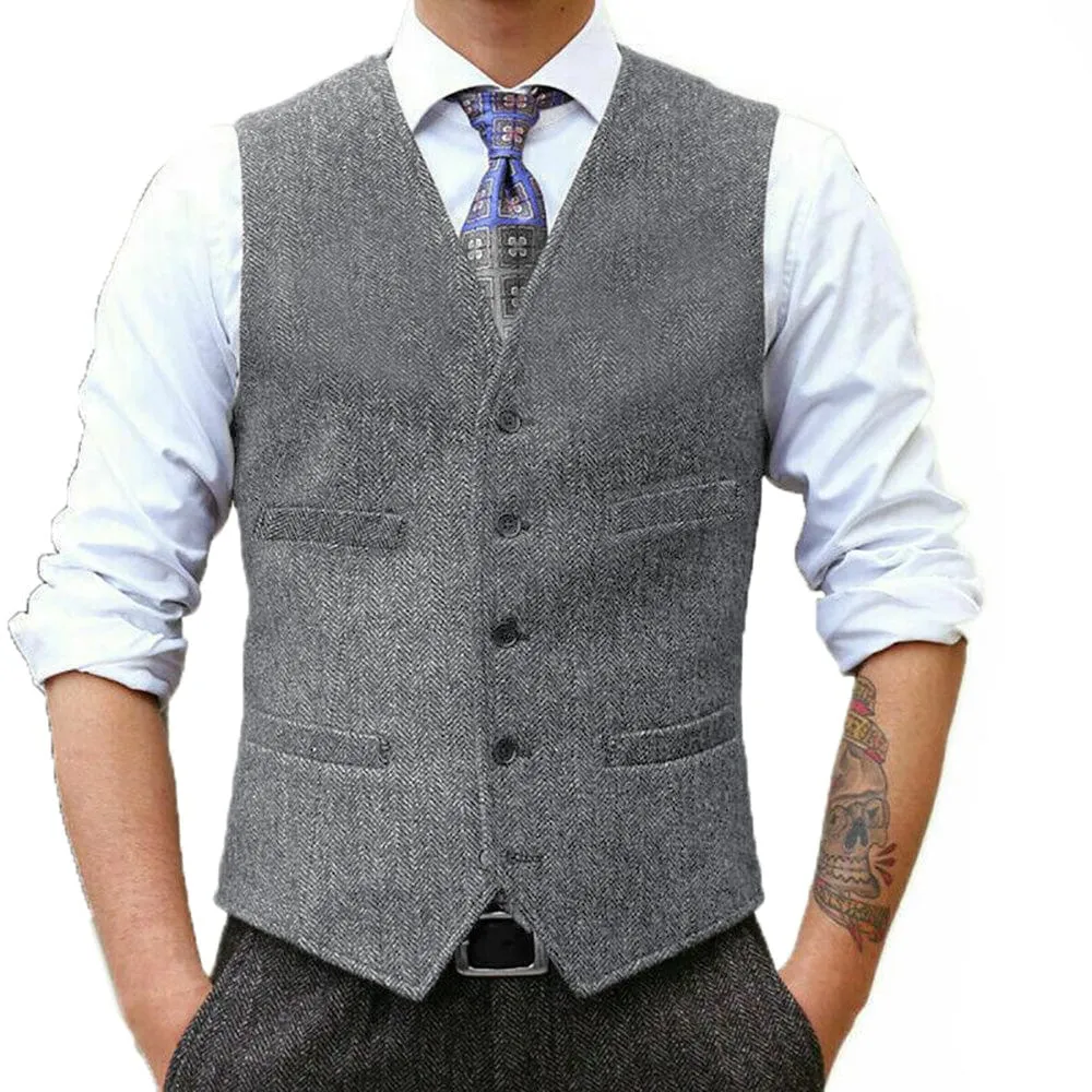 Fashion Men's Suit Vest Herringbone V Neck Waistcoat