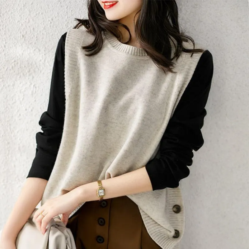 Fashionkova  O-Neck Sweater Vests Women Elegant Loose Sleeveless Knitted Sweaters Side-Button All-Match Stylish Popular Solid Cozy Ulzzang