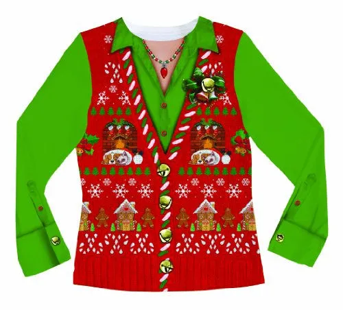 Faux Real Women's Ugly Xmas Sweater Vest Long Sleeve T-Shirt, Multi, X-Large