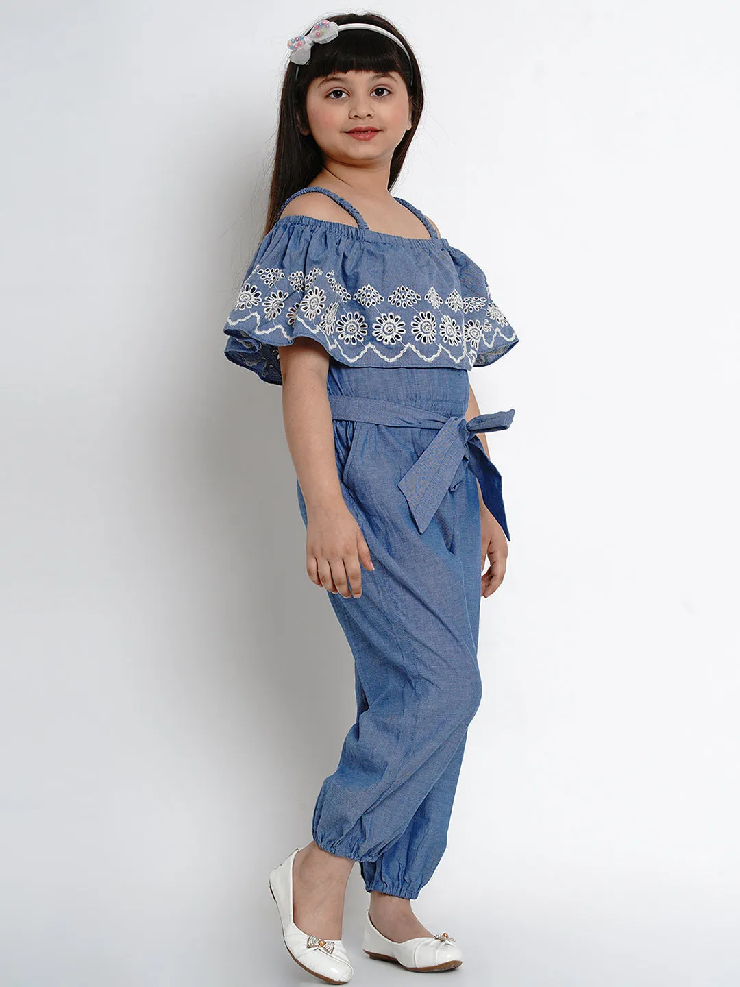 Girls Blue & Black Solid Basic Jumpsuit