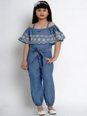 Girls Blue & Black Solid Basic Jumpsuit