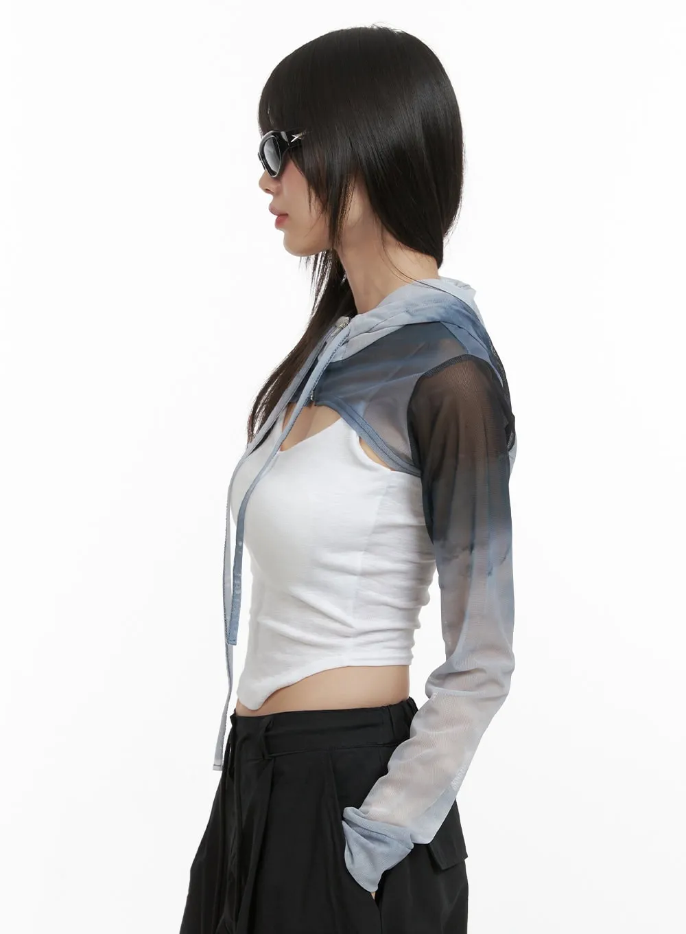 Gradient Graphic Mesh Hooded Bolero CY414